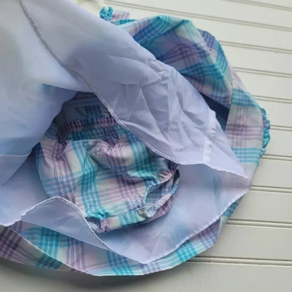 2PC BONNIE BABY WHITE TEAL LILA EMPIRE WAIST DRESS BUTTONS TIES BACK 6-9 Mos